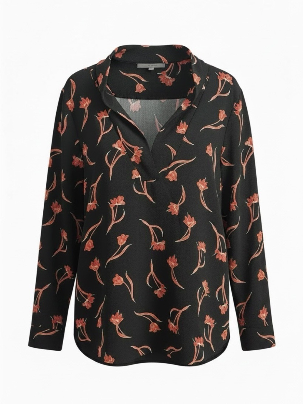 Chaus Floral V-Neck Roll Tab Sleeve Blouse in Black with Red Floral Print Size L - Picture 1 of 11